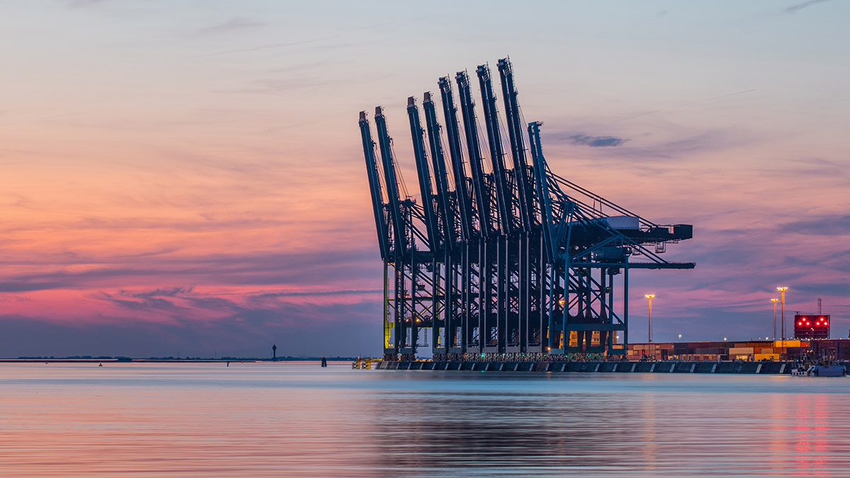 Seaport cranes at sunset