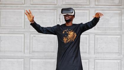 Man testing virtual reality gear