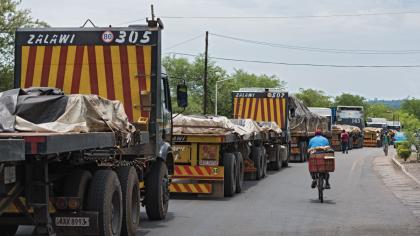Trucks carrying goods between Zambia and Zimbabwe at Livingstone, Zambia