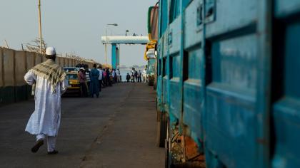 Trucks in line at a port in Banjul, Gambia