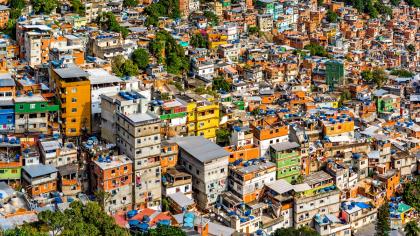 An aerial view of the Rocinha informal settlement, home to some of the most vulnerable populations in Rio de Janeiro, Brazil.