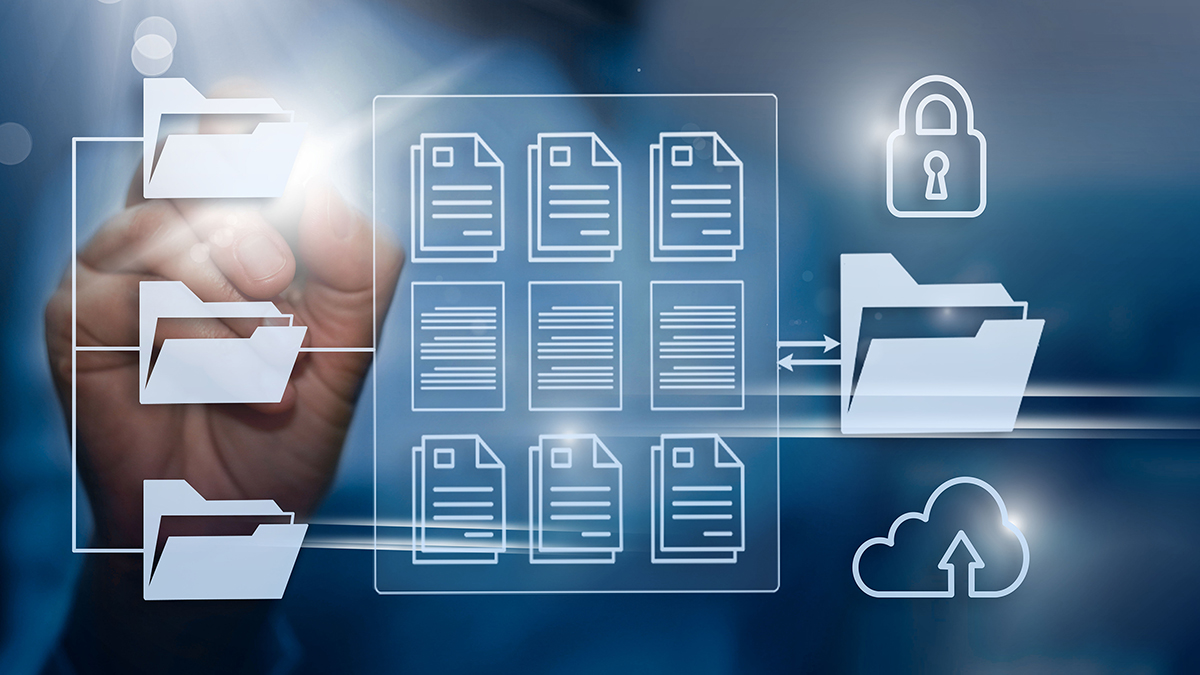 Online documentation database, File Transfer Protocol, Cloud technology, exchange information and data storage concept.