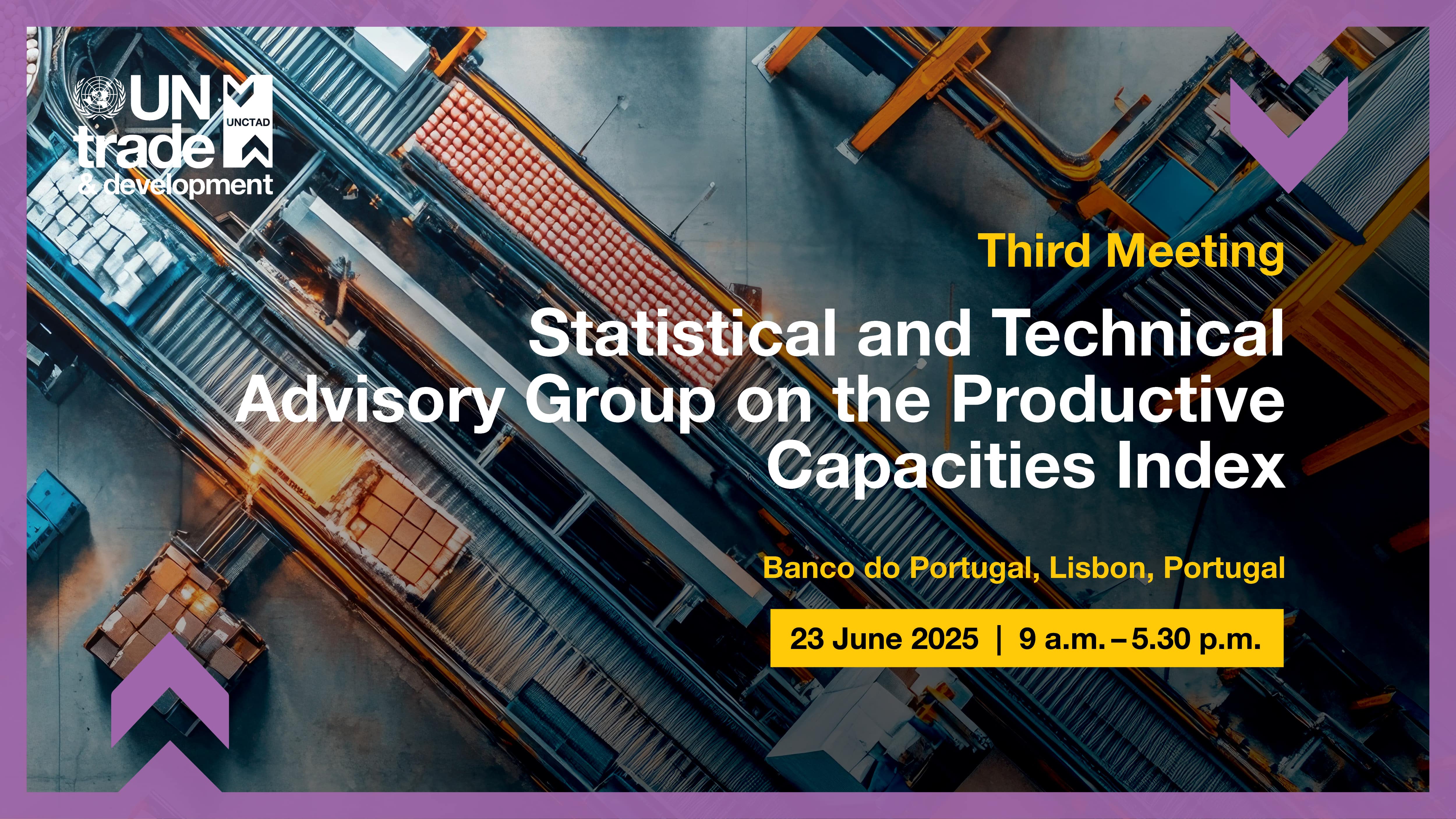 Header image of factory production line with text superimposed reading Statistical and Technical Advisory Group on the Productive Capacities Index